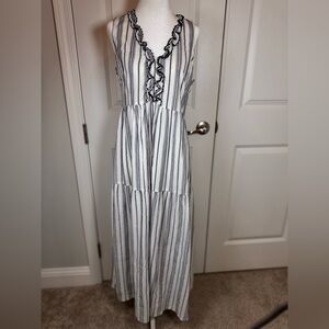 ViVi Violet Weekend Boho Linen Cotton Stripe Tiered Midi Sundress Size M Flowy